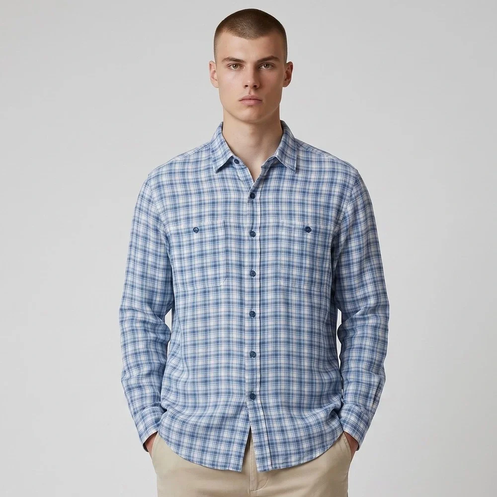 Vtg 90s Polo Ralph Lauren The Active Workshirt Blue‎ Plaid Linen Cotton Blend L